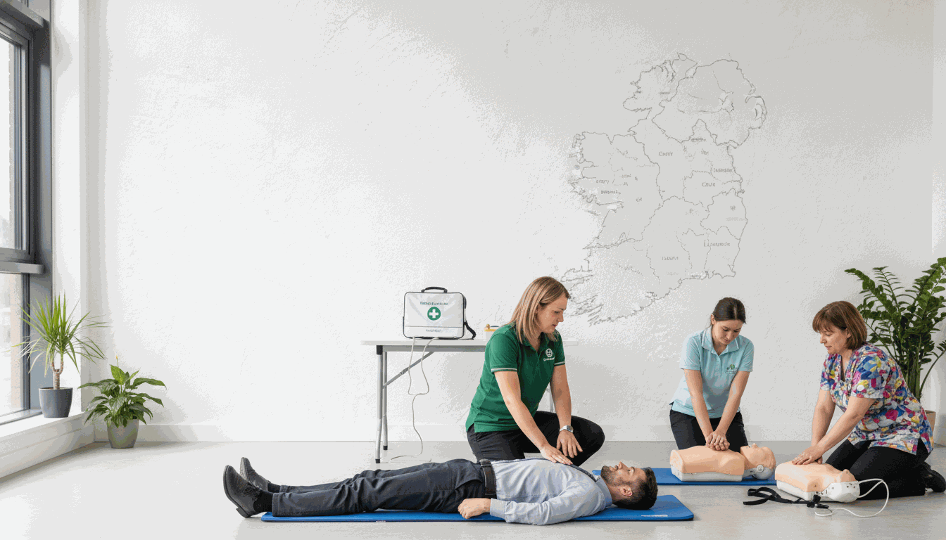 Irish first aid training session with instructor demonstrating emergency response techniques